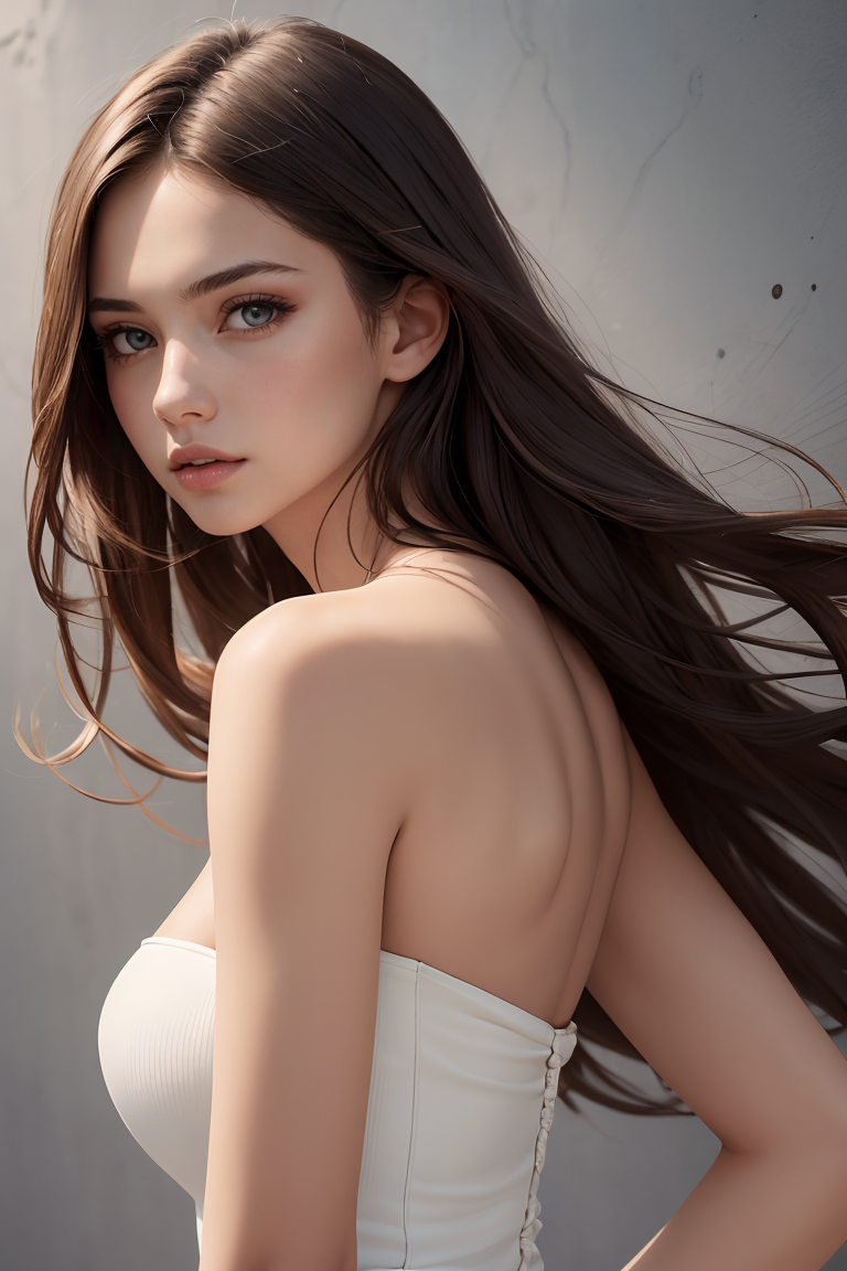 398075-370751347-1girl,solo,long hair,brown hair,looking at viewer,realistic,Pure bule fashion background,brown eyes,dress,bare shoulders,upper b.png